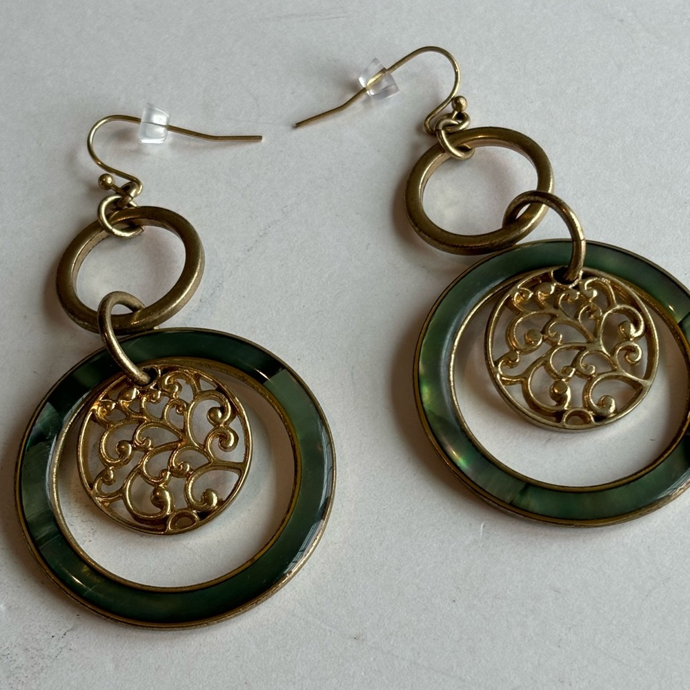 Lia Sophia Green iridescent earrings / pierced ears only/ gold tone/filigree